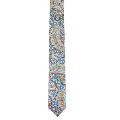 A Blue Paisley Skinny Tie boasting an intricate design with waves of orange, teal, and white accents.