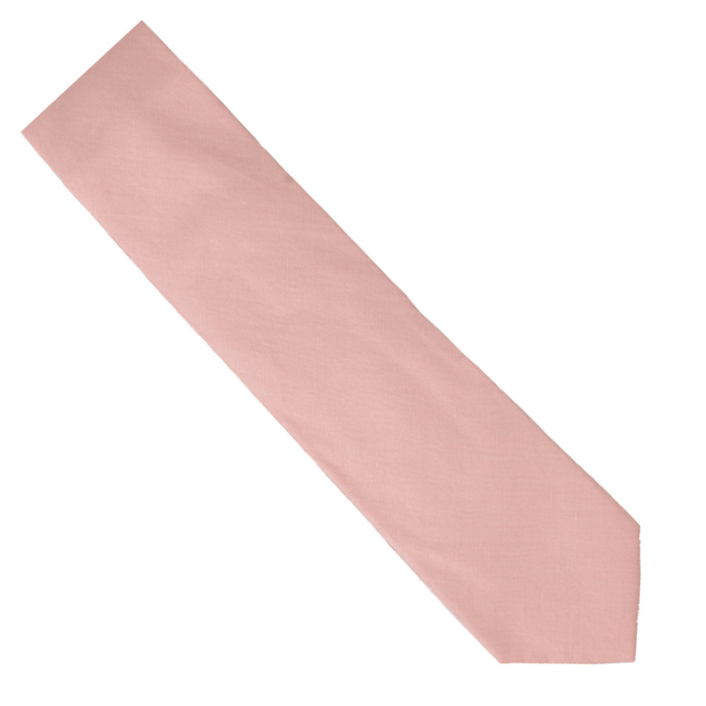 A blush pink skinny tie on a white background.