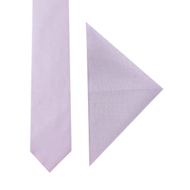 The Blush Purple Skinny Necktie and Pocket Square Set is artfully arranged side by side on a crisp white background.