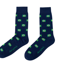 A pair of Brazil Flag Socks with green flowers on them.