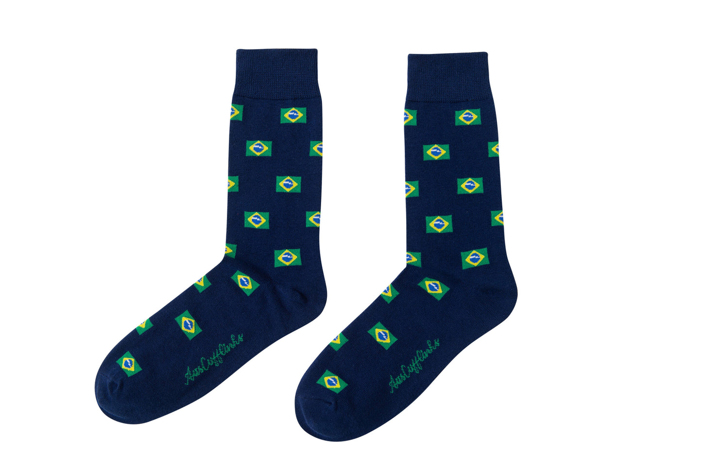 A pair of Brazil Flag Socks with green flowers on them.