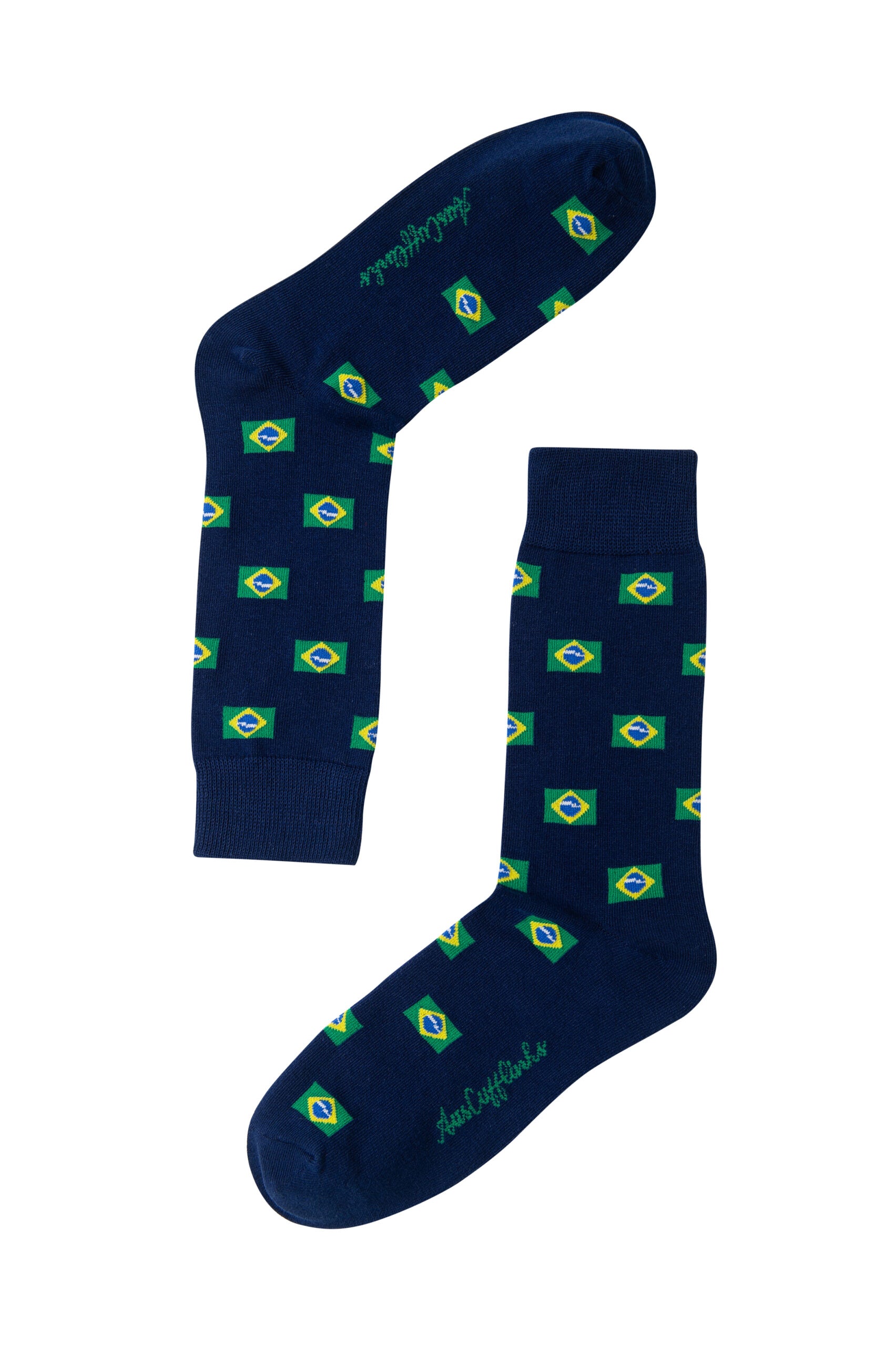 A pair of Brazil Flag Socks with green and yellow designs.