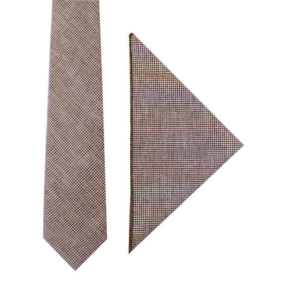 Brown Mini Houndstooth Cotton Skinny Tie & Pocket Square Set