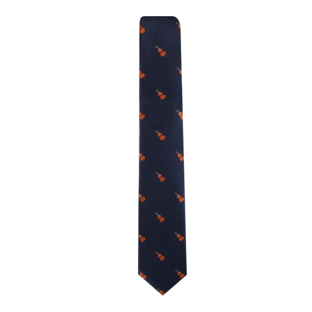 A Brown Violin Tie with a melodic orange and black design.