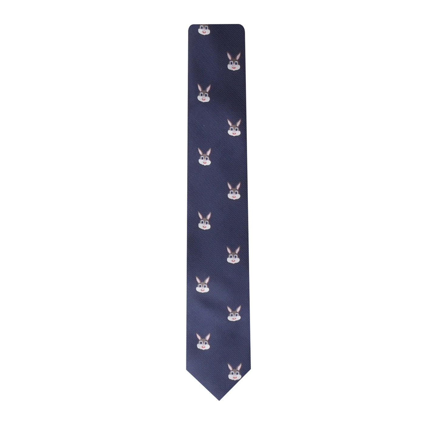 A navy Bunny Skinny Tie featuring a repeated pattern of donkey faces exudes charming sophistication, adding a playful touch to elegant clothing.