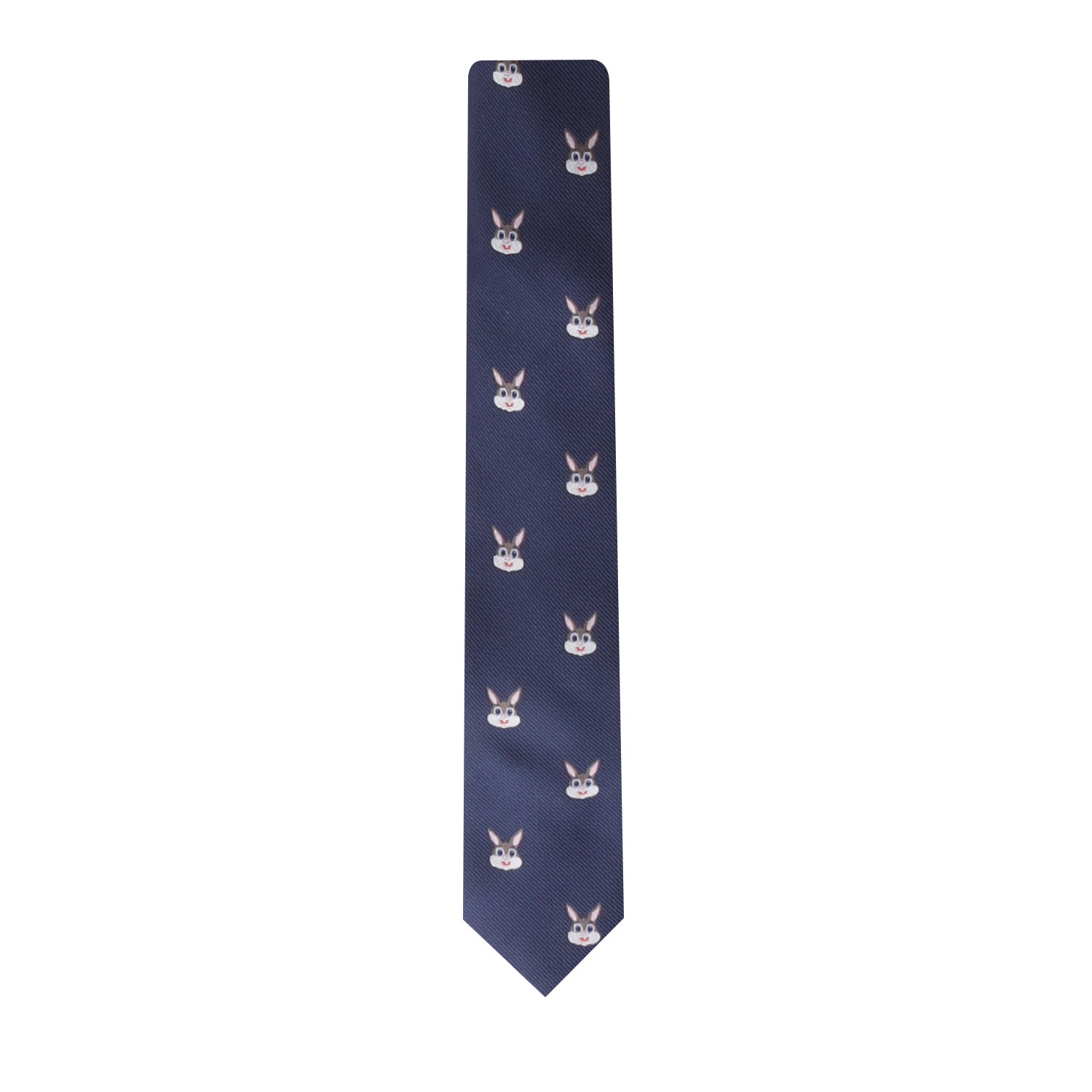 A navy Bunny Skinny Tie featuring a repeated pattern of donkey faces exudes charming sophistication, adding a playful touch to elegant clothing.
