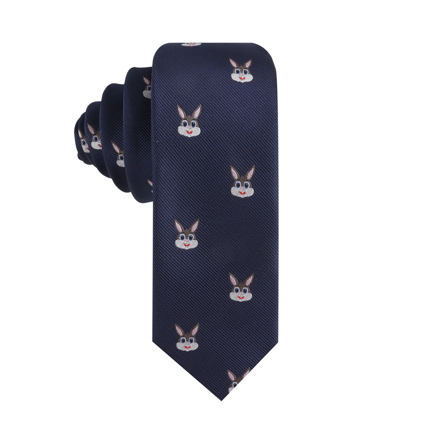 The Bunny Thin Tie is a navy blue necktie adorned with repeated cartoon rabbit face patterns, adding a touch of charming sophistication to any ensemble.