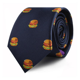 The Burger Skinny Tie, featuring a dark blue color with small repeating hamburger patterns, makes a universally adored style statement.