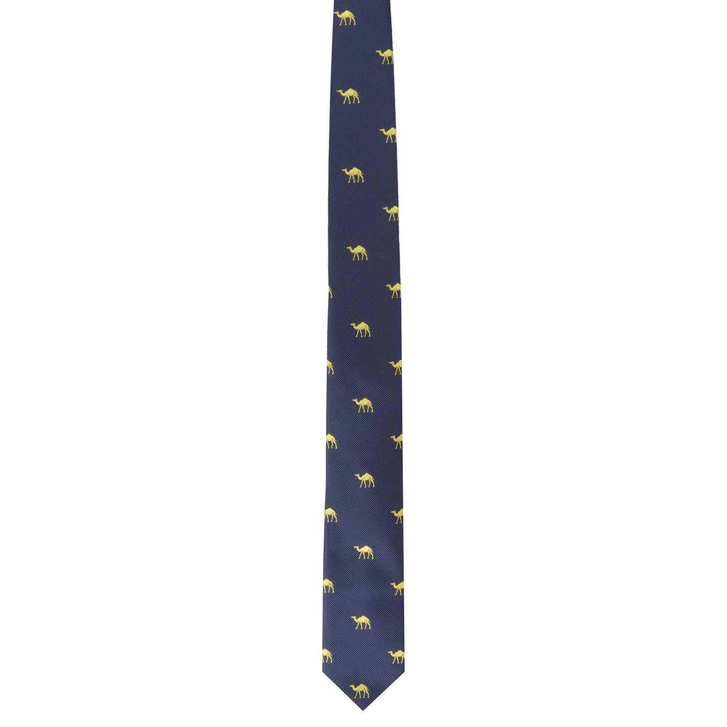 The Camel Skinny Tie, featuring a delightful pattern of small, yellow camels on a navy blue background, brings a touch of desert charm to urban elegance.