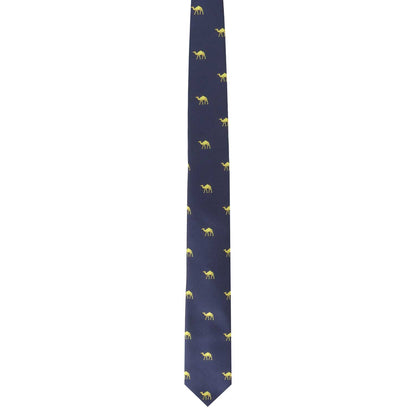 The Camel Skinny Tie, featuring a delightful pattern of small, yellow camels on a navy blue background, brings a touch of desert charm to urban elegance.