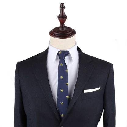 A suit with a Camel Print Necktie and pocket square on a mannequin, exuding urban elegance.