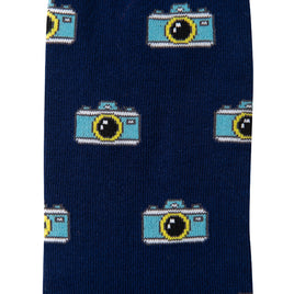 A blue Camera Sock with camera designs.