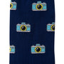 A blue Camera Sock with camera designs.