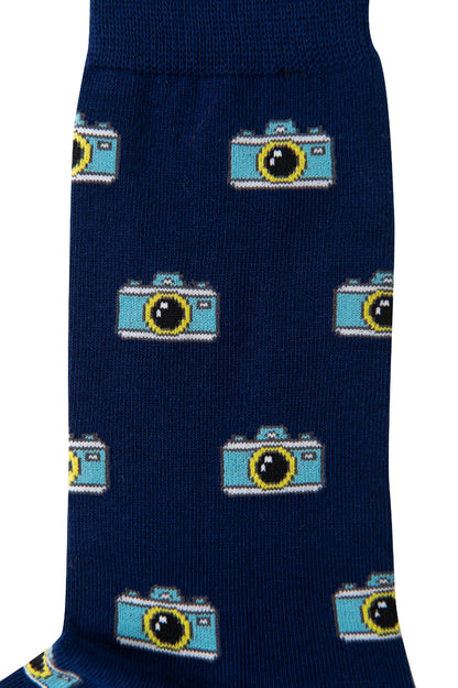 A blue Camera Sock with camera designs.