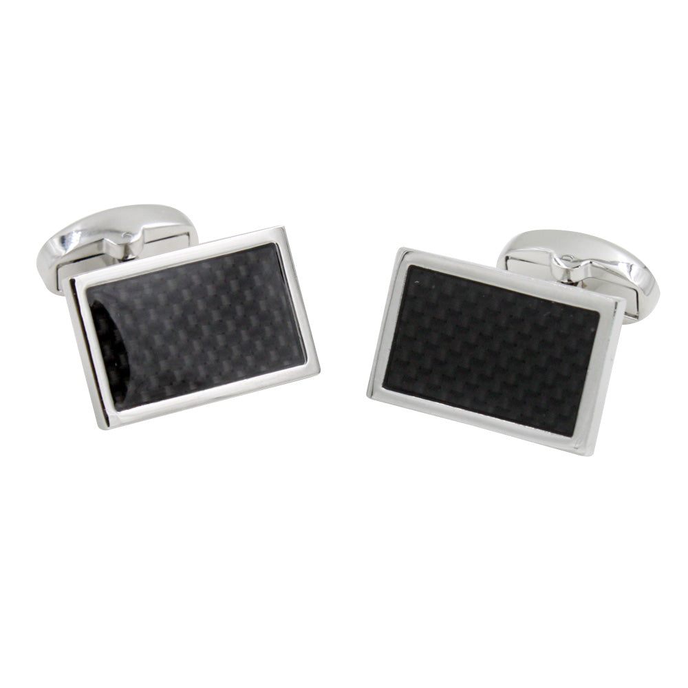A pair of sleek black Carbon Fibre Cufflinks set on a white background.