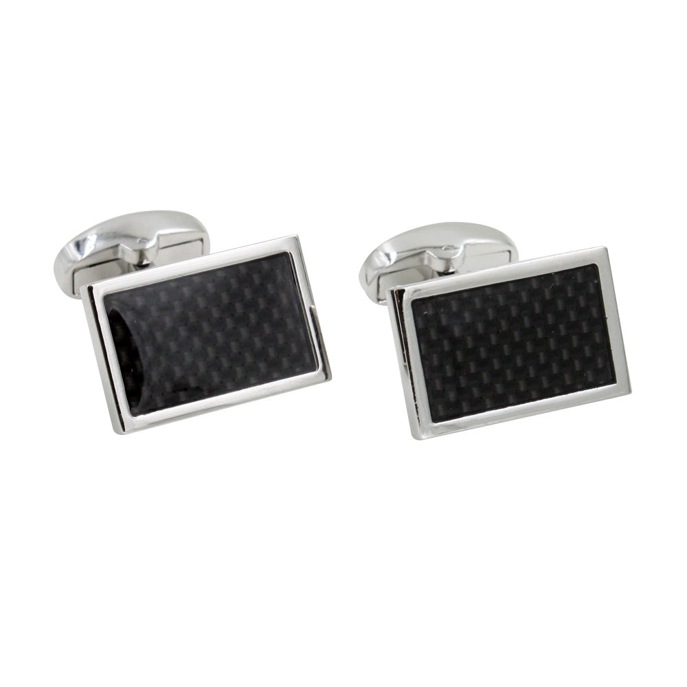 A pair of black Carbon Fibre Cufflinks showcasing their modern charm on a white background.