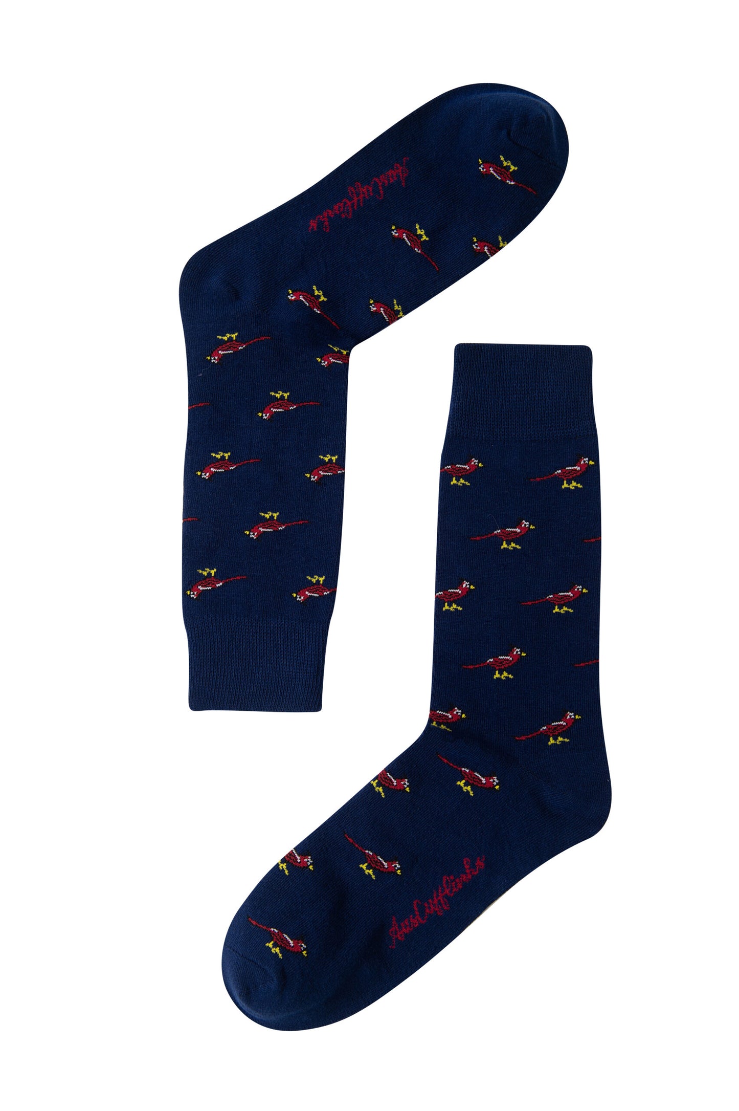 A pair of Cardinal Bird Socks with a red and blue design.