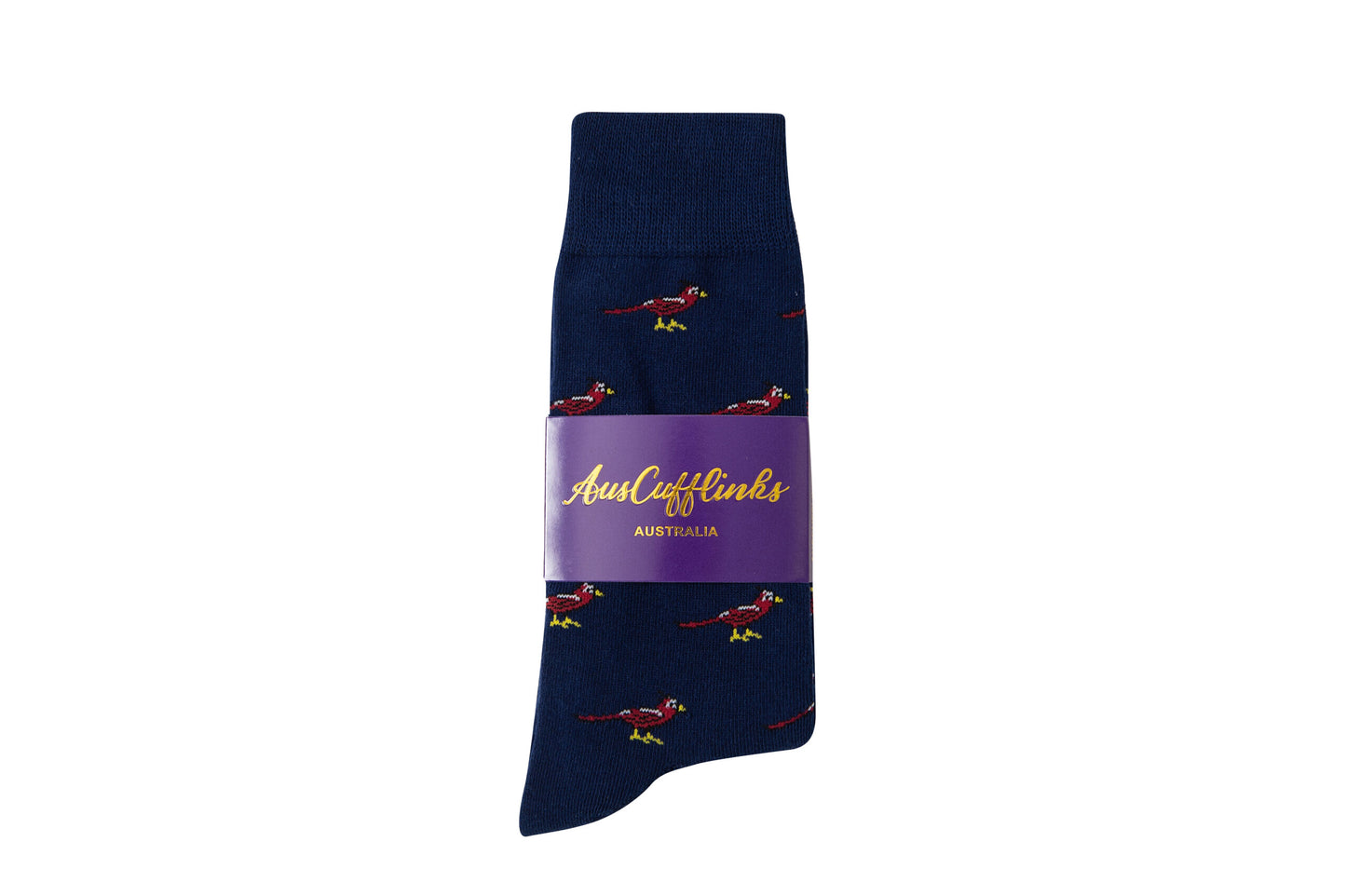 A Cardinal Bird Sock with a purple label.