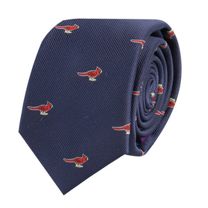 Cardinal Bird Skinny Tie in navy, exuding vivid elegance.