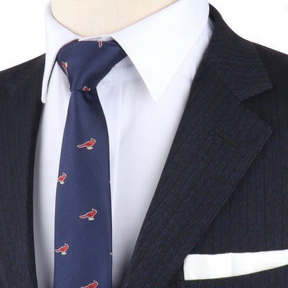 A mannequin displaying vivid elegance in a Cardinal Print Necktie suit and tie.