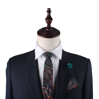 A mannequin with a Carpe diem Paisley Cotton Skinny Tie & Pocket Square Set.