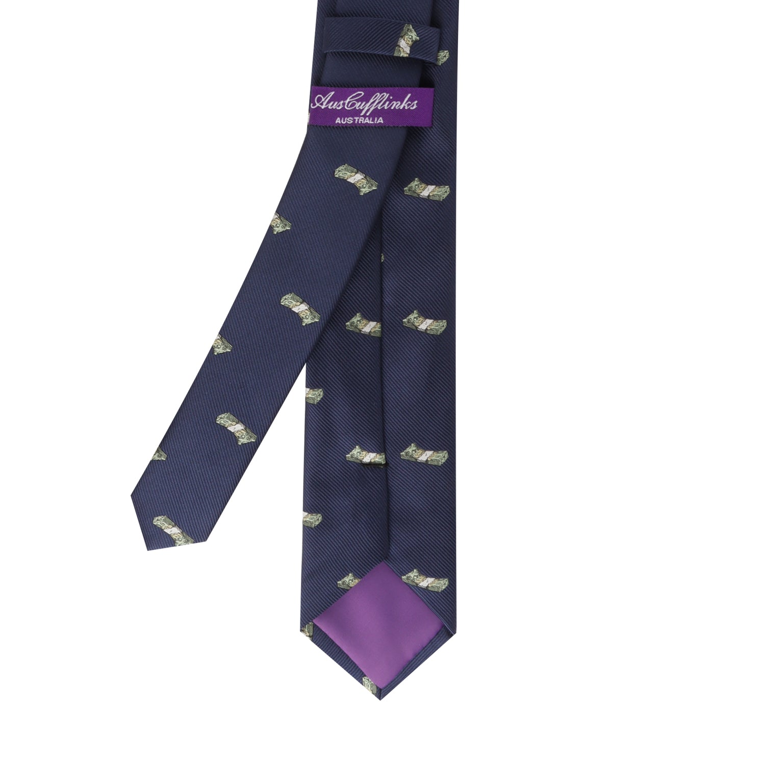 A Cash Themed Tie with a purple and blue pattern.