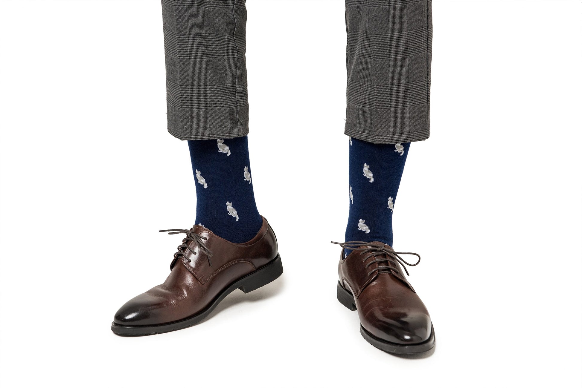 A pair of legs wearing brown shoes and Cat Socks.