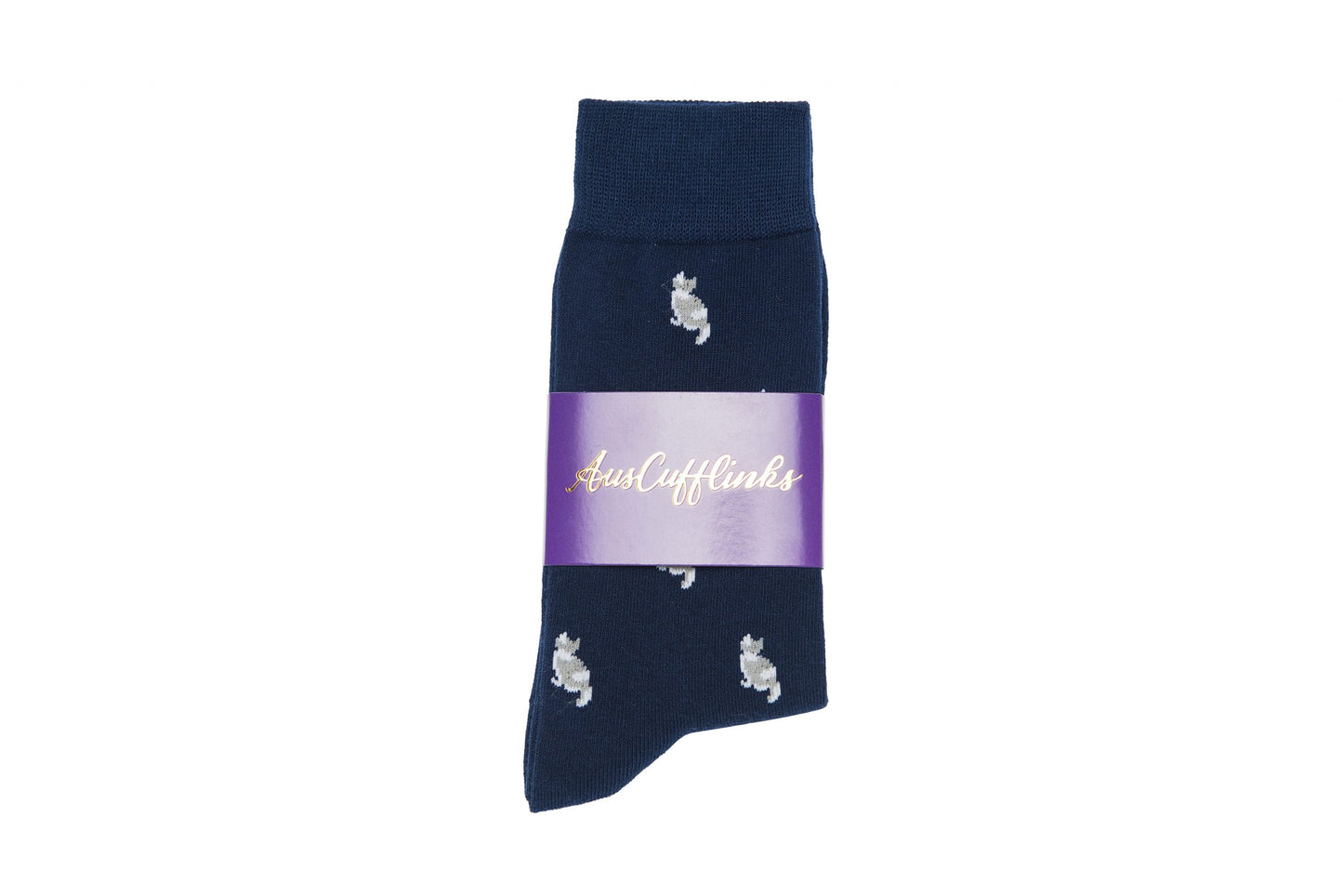 A blue Cat Sock with white rabbit designs on it.