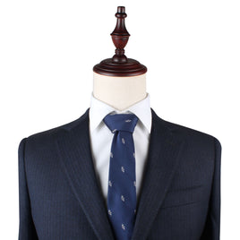 A tailored dark blue pinstripe suit with a matching Cat Necktie, exuding charm and sophistication, displayed on a wooden and fabric mannequin.
