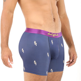 Modeling the Cat Underwear, a person stands with confidence against a white background, showcasing blue patterned boxer briefs featuring a purple waistband designed for a snug fit.