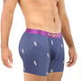Modeling the Cat Underwear, a person stands with confidence against a white background, showcasing blue patterned boxer briefs featuring a purple waistband designed for a snug fit.