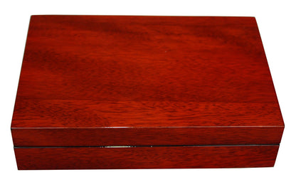 The Cherry Wood Cufflink Box features a closed rectangular design with a polished reddish-brown finish, ideal for the modern gentleman, shown against a white background.