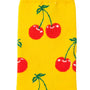 A yellow sock with Cherry Socks on it.