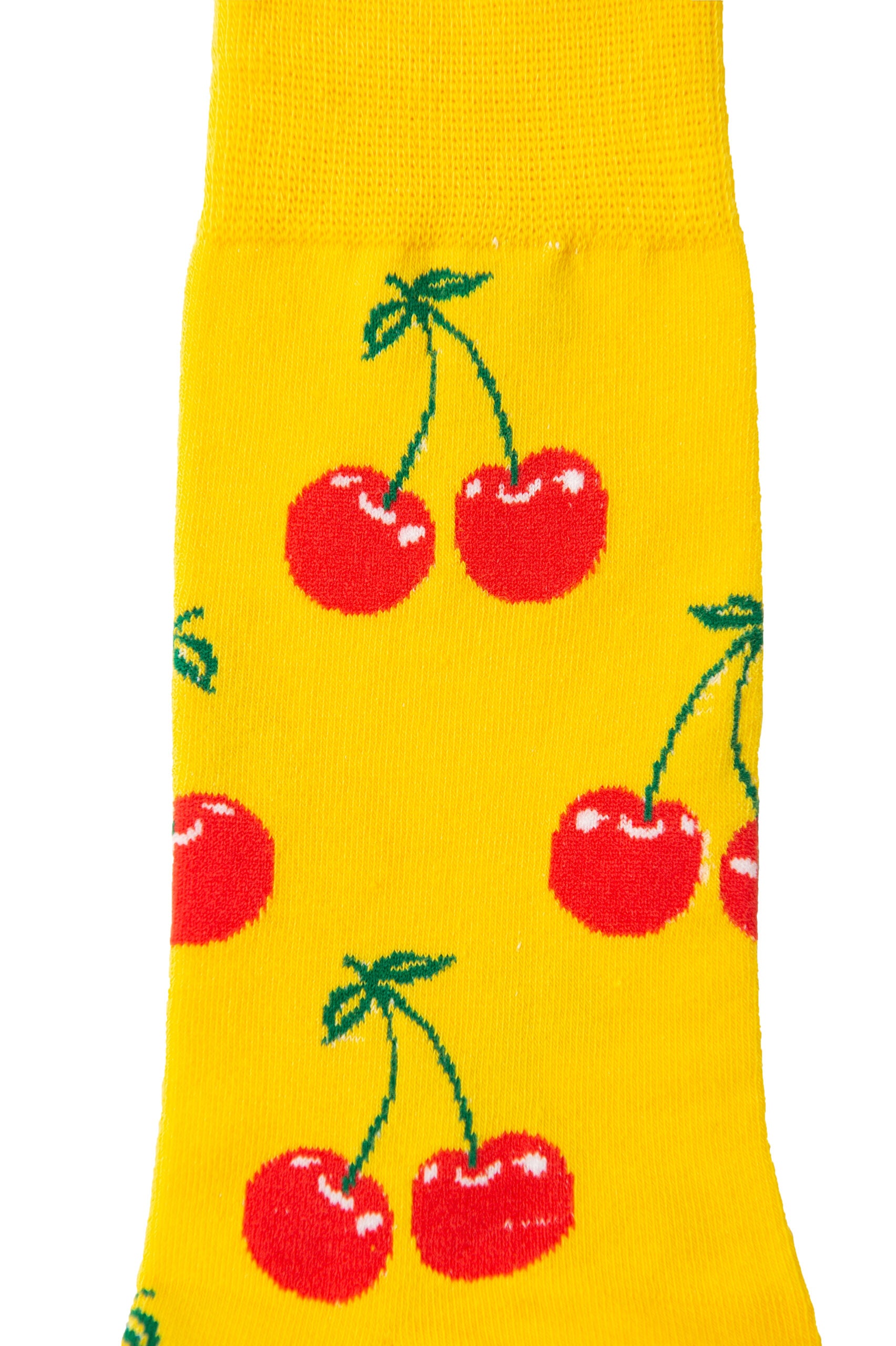 A yellow sock with Cherry Socks on it.