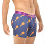 A person sporting Chicken Underwear features a fun chicken drumstick pattern on navy blue boxer briefs with a purple waistband, providing cuddly comfort.