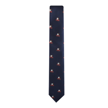 The Cake Skinny Tie, in a sophisticated navy blue, features an enchanting pattern of small white dog illustrations sitting in a boat, adding a touch of elegance to any attire.