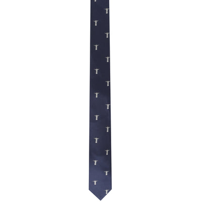 The Christian Gift Tie has a stylish form with a repeating pattern of small white swords on a navy blue background.