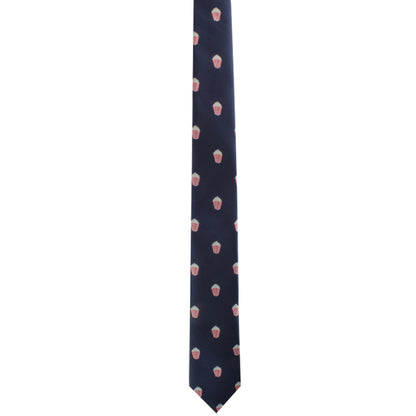 A navy blue Cinema Necktie with a pattern of small pink and white cupcake motifs makes a cinematic statement to your style.