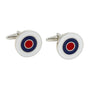 Discover the Circle Target Cufflinks: round cufflinks with a bullseye pattern featuring a red center, blue middle ring, and white outer ring in a silver casing. Ideal for enhancing any formal or business attire.