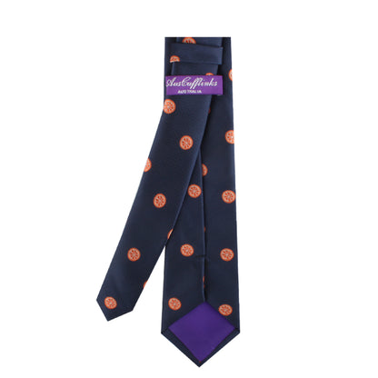 An Orange Skinny Tie featuring small orange circular patterns and a purple rear loop with the text "AustCufflinks Australia." The vibrant back lining of the tie is also purple.