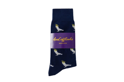 A navy sock featuring Cockatoo Socks.