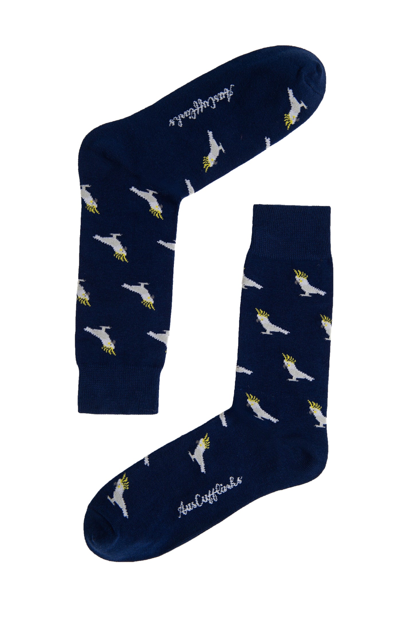A pair of Cockatoo Socks with white and yellow images.