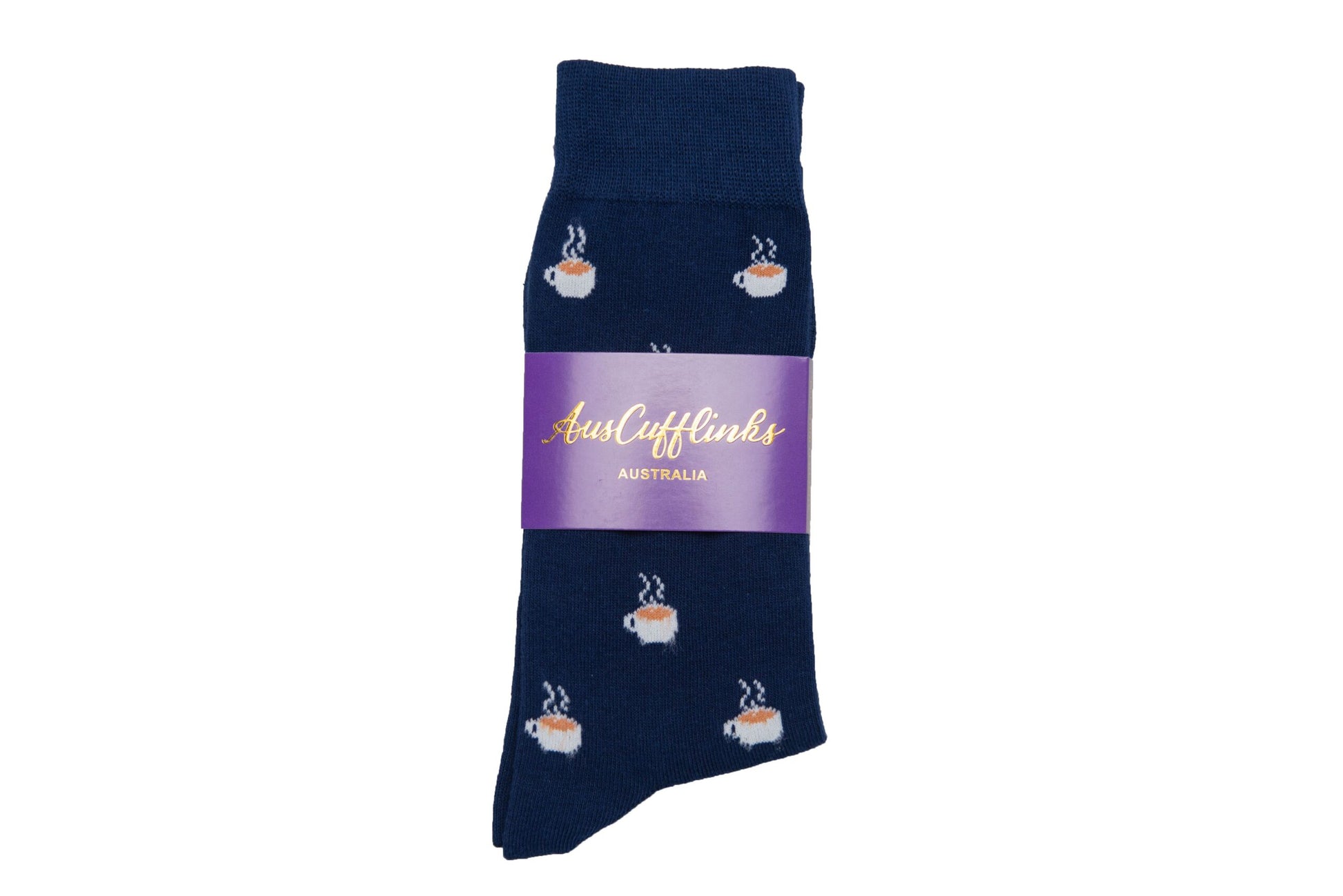A pair of Coffee Socks featuring a cup of coffee design.