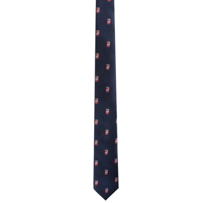 A dark blue Cola Print Tie featuring a refreshing pattern of small red soda cans, adding a pop of style to your wardrobe.