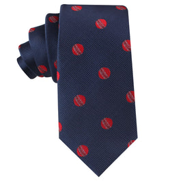A Cricket Skinny Tie with red and blue circles, perfect for sport enthusiasts.