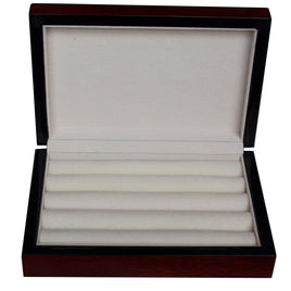 The Cherry Wood Cufflink Box features an open, empty design with a white padded interior and five slots—ideal for the modern gentleman to stylishly display or conveniently store cufflinks, rings, or pens.