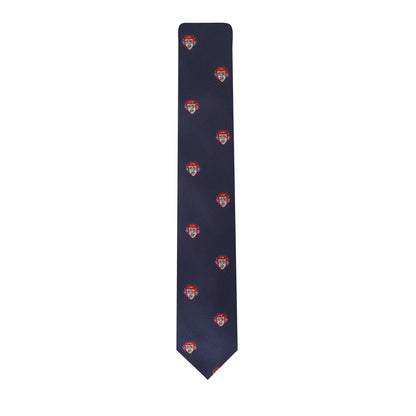 Effortlessly upgrade your style with the Cyber Gamer Tie, featuring a navy blue background and a repeating pattern of red and white helmet emblems.