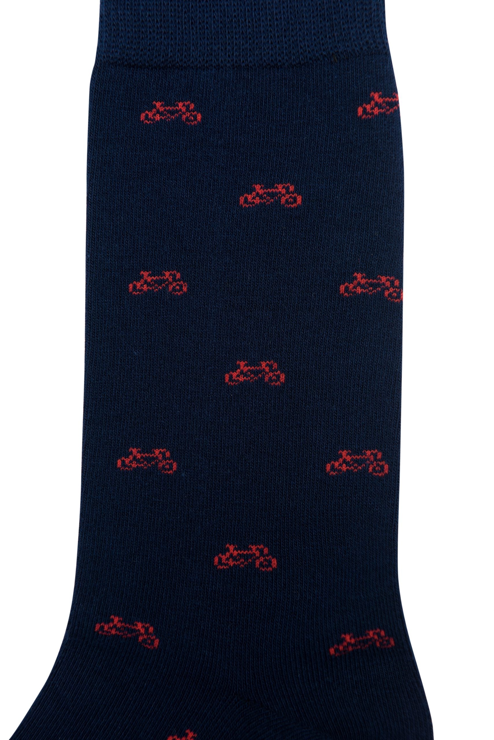 A pair of Cyclist Bike Socks with motorcycles on them.