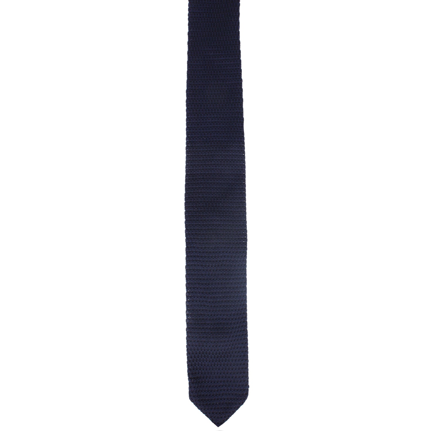 A Dark Blue Skinny Tie exudes deep-sea elegance as it is displayed vertically on a white background.