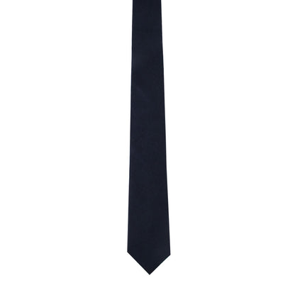 The Dark Forest Navy Cotton Skinny Tie & Pocket Square Set features a sleek navy cotton skinny tie with a pointed tip, displayed vertically on a white background—ideal for achieving a refined, coordinated look.